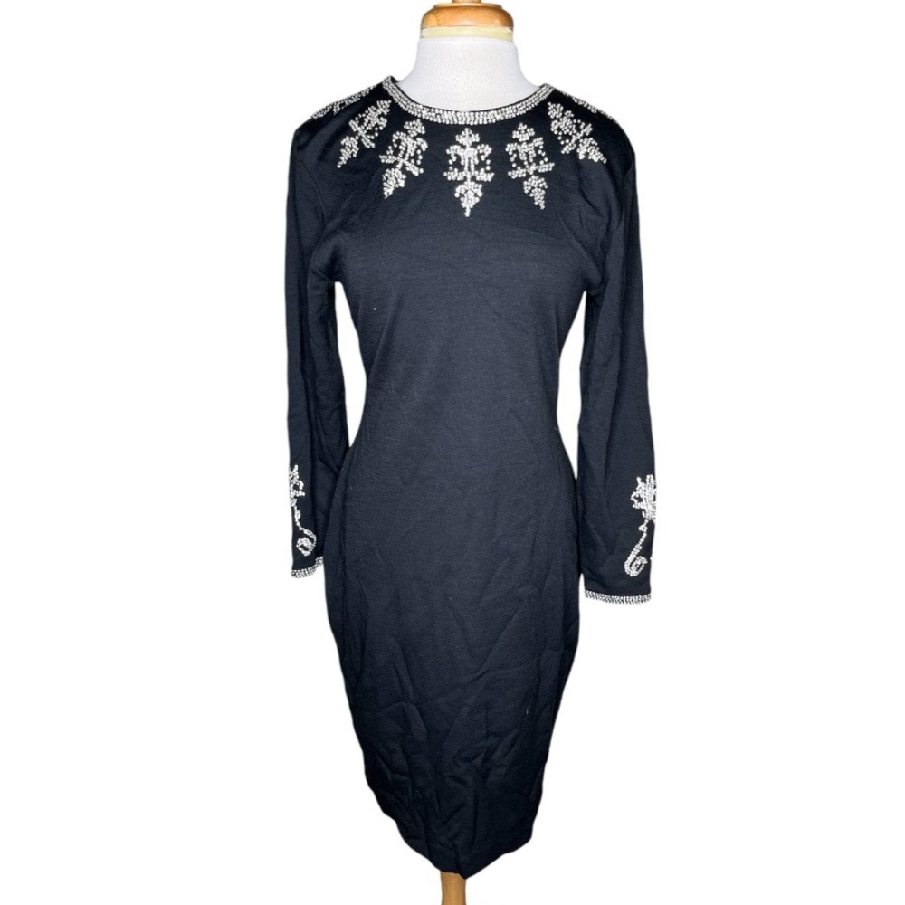 Vintage Liz Claiborne Wool Dress Beaded Sequin Long Sleeve 80s